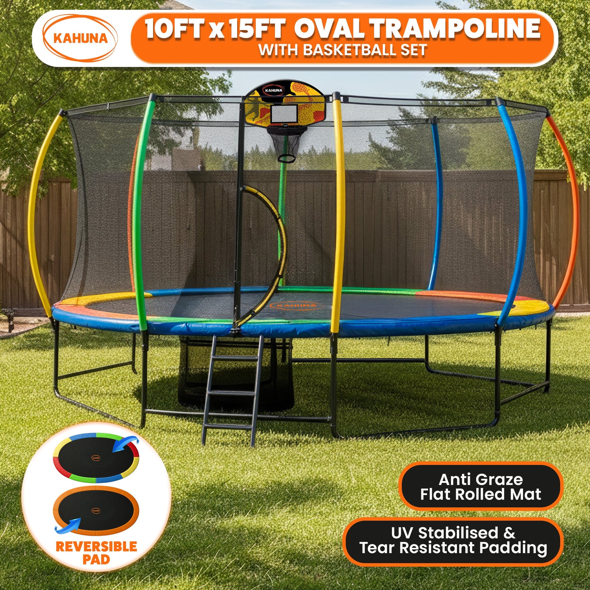 Kahuna 10 ft x 15 ft Oval Outdoor Trampoline L.E.D. Basketball Set Reversible Rainbow & Orange Safety Pad Safety Net Ladder Kahuna