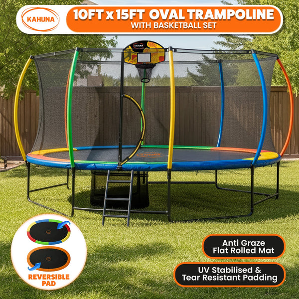 Kahuna 10 ft x 15 ft Oval Outdoor Trampoline L.E.D. Basketball Set Reversible Rainbow & Orange Safety Pad Safety Net Ladder Kahuna