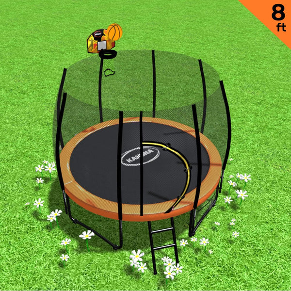 Kahuna 8ft Twister Springless Trampoline Round Free Safety Net Pad Mat with Basket Ball Set Orange Kahuna