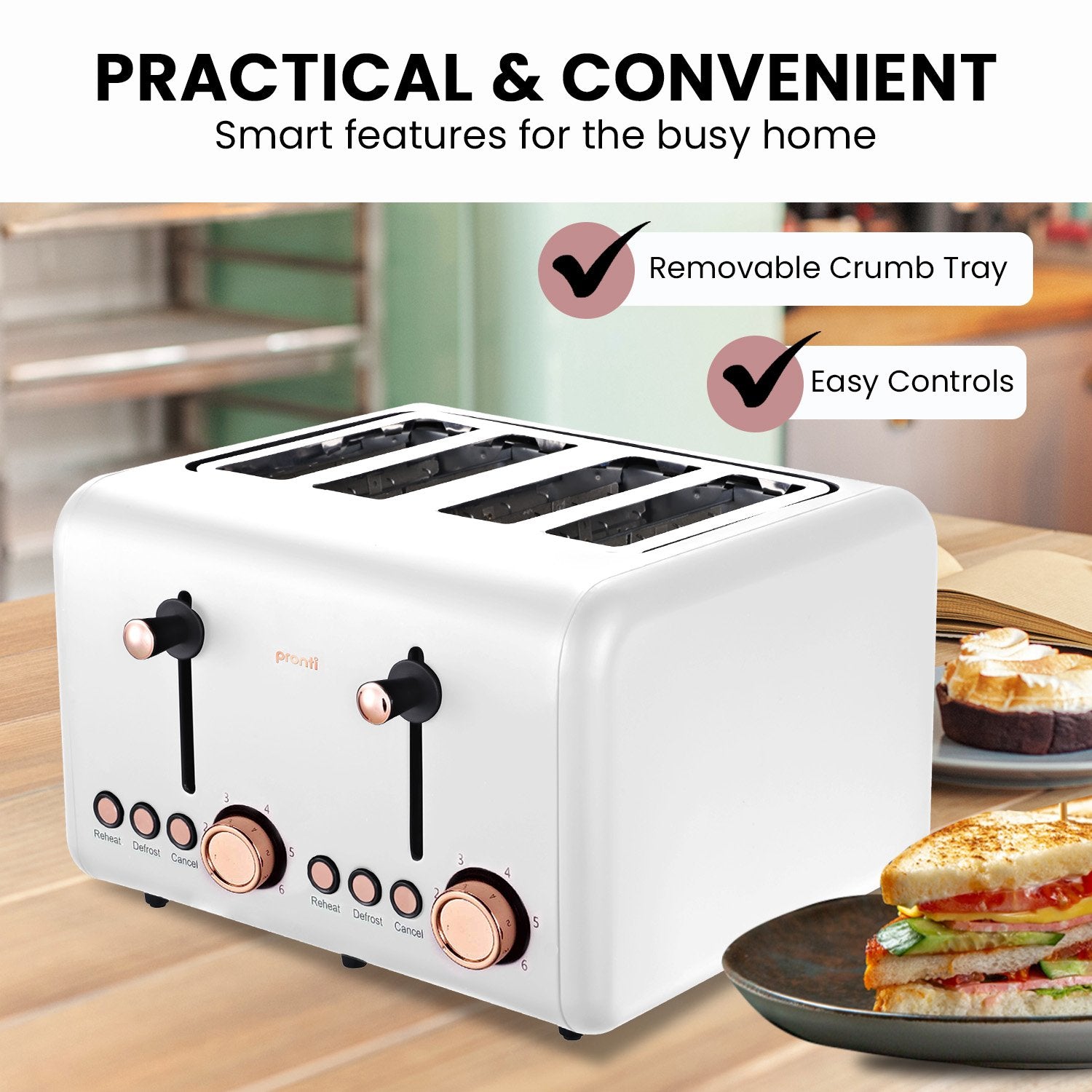 Pronti 4 Slice Toaster Rose Trim Collection - White Does Not Apply