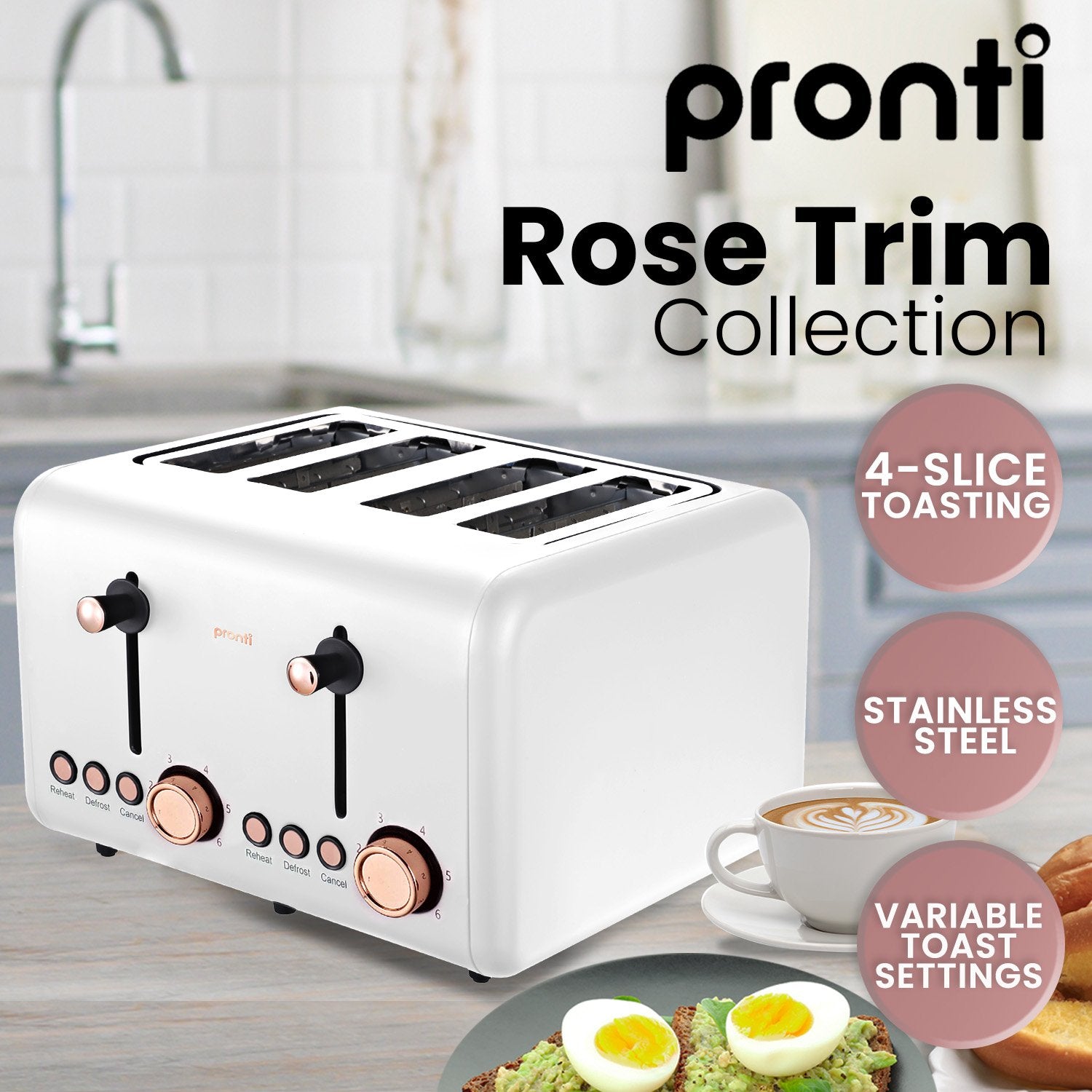 Pronti 4 Slice Toaster Rose Trim Collection - White Does Not Apply