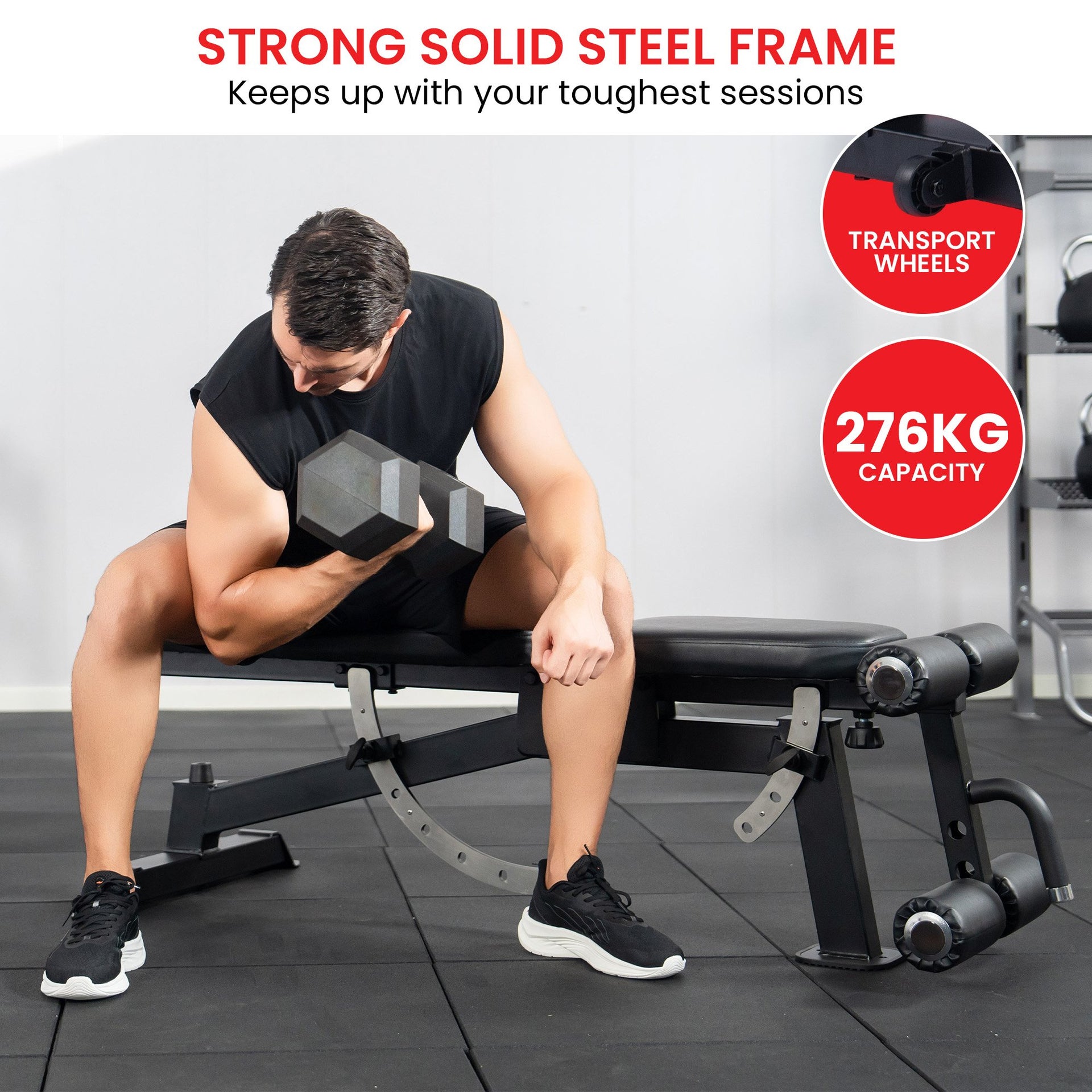 Powertrain Multi Workout Bench with Transport Wheels and Adjustable Backrest Awezingly