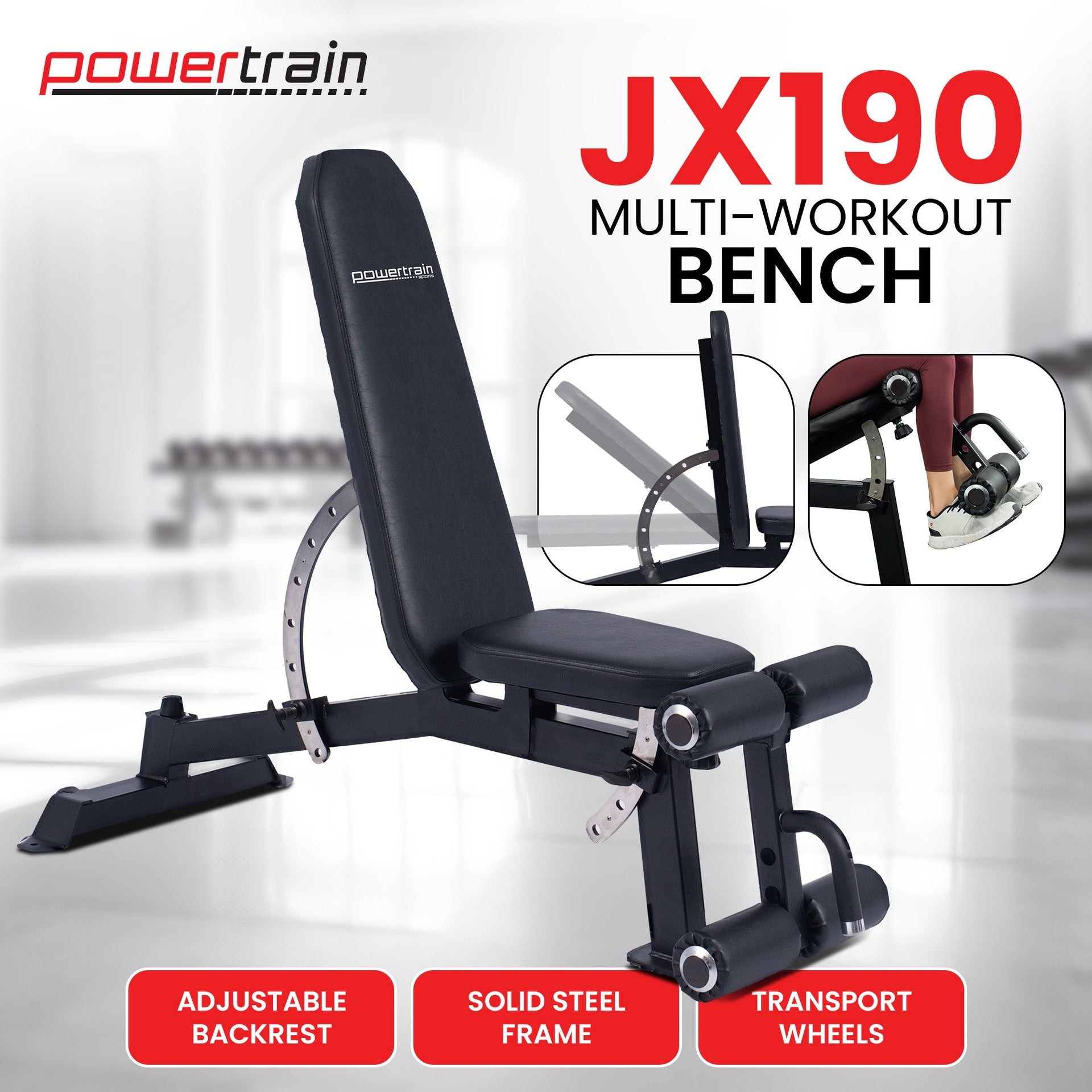 Powertrain Multi Workout Bench with Transport Wheels and Adjustable Backrest Awezingly