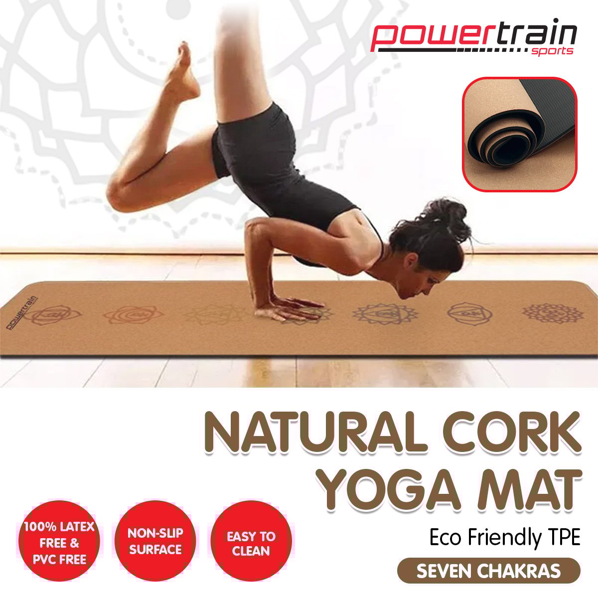 Powertrain Cork Yoga Mat with Carry Straps Home Gym Pilates - Chakras Powertrain