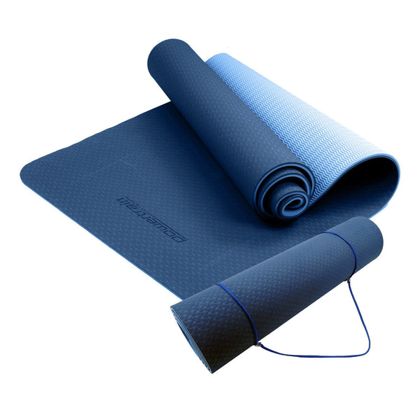 Powertrain Eco-friendly Dual Layer 8mm Yoga Mat | Dark Blue | Non-slip Surface And Carry Strap For Ultimate Comfort And Portability Powertrain