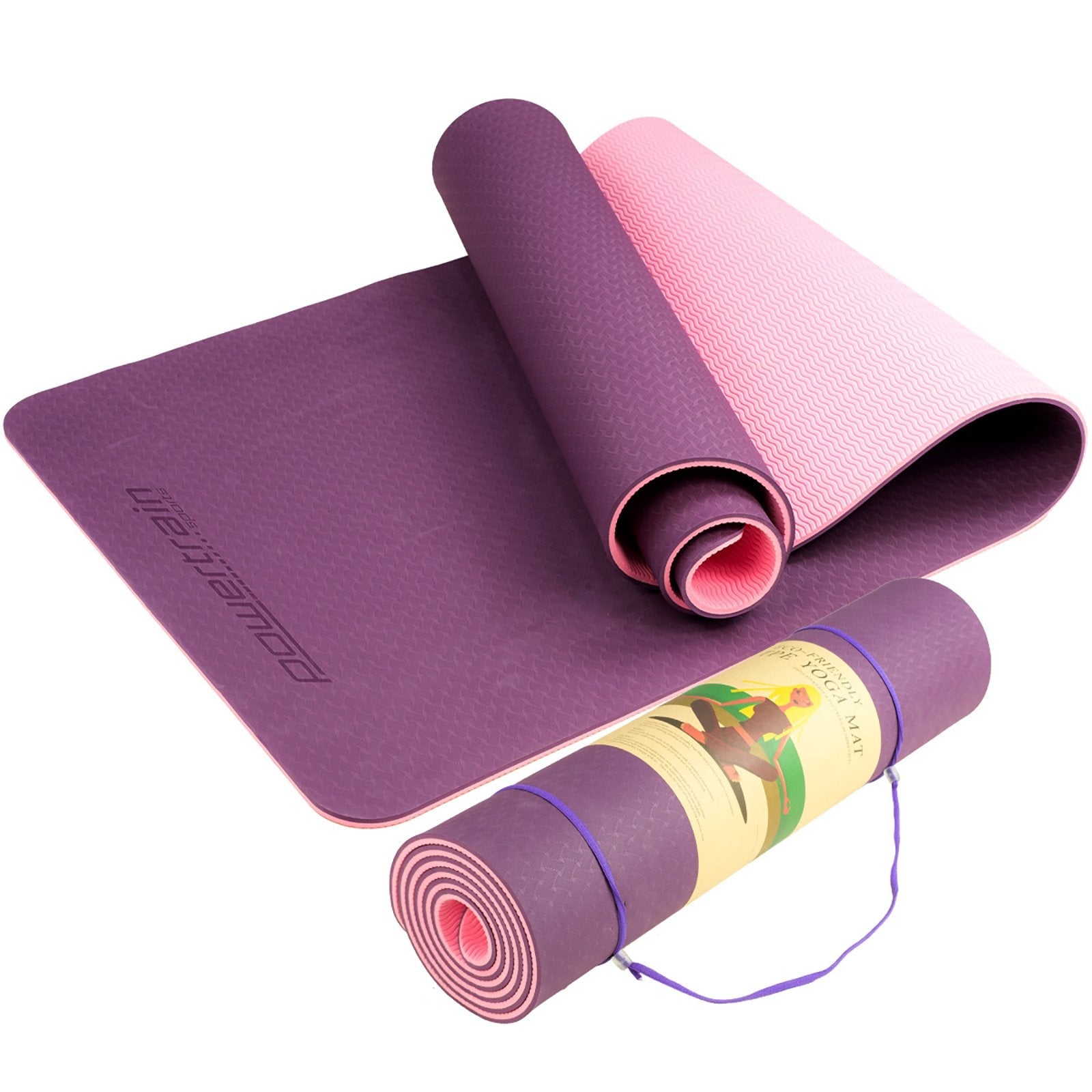 Powertrain Eco-friendly Dual Layer 8mm Yoga Mat | Purple | Non-slip Surface And Carry Strap For Ultimate Comfort And Portability Powertrain