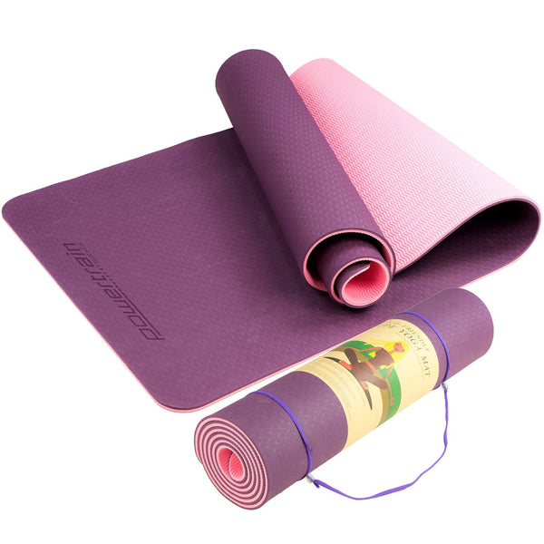 Powertrain Eco-friendly Dual Layer 8mm Yoga Mat | Purple | Non-slip Surface And Carry Strap For Ultimate Comfort And Portability Powertrain
