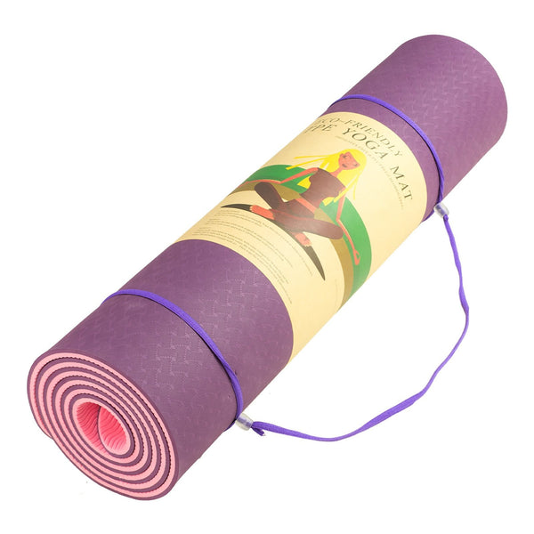 Powertrain Eco-friendly Dual Layer 8mm Yoga Mat | Purple | Non-slip Surface And Carry Strap For Ultimate Comfort And Portability Powertrain