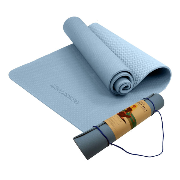 Powertrain Eco-friendly Dual Layer 6mm Yoga Mat | Sky Blue | Non-slip Surface And Carry Strap For Ultimate Comfort And Portability Powertrain