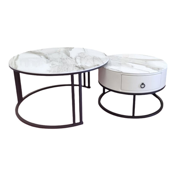 Snowy Mountain Faux Modern Marble Slate Nesting Coffee Table Set Leather Wrapped Wood Drawers Awezingly