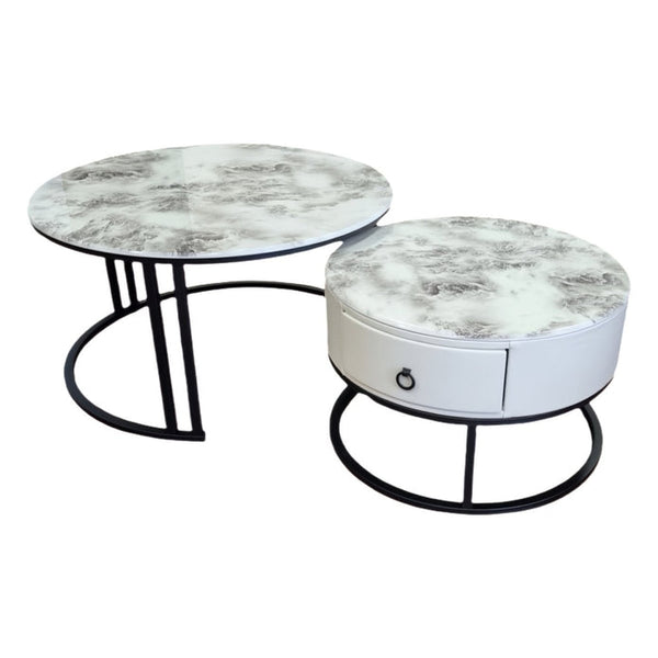 Snowy Mountain Faux Modern Marble Slate Nesting Coffee Table Set Leather Wrapped Wood Drawers Awezingly