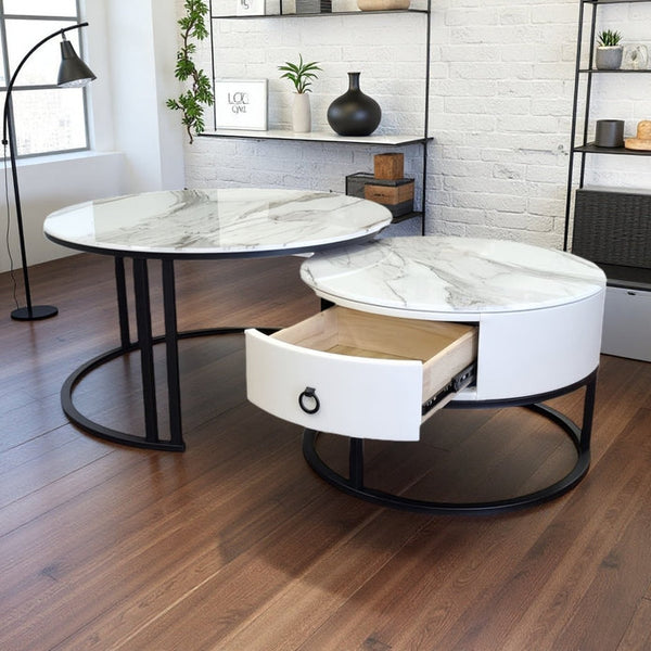 Snowy Mountain Faux Modern Marble Slate Nesting Coffee Table Set Leather Wrapped Wood Drawers Awezingly