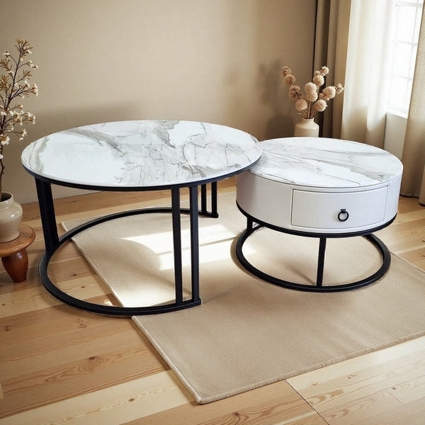 Snowy Mountain Faux Modern Marble Slate Nesting Coffee Table Set Leather Wrapped Wood Drawers Awezingly