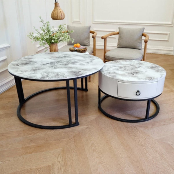 Snowy Mountain Faux Modern Marble Slate Nesting Coffee Table Set Leather Wrapped Wood Drawers Awezingly