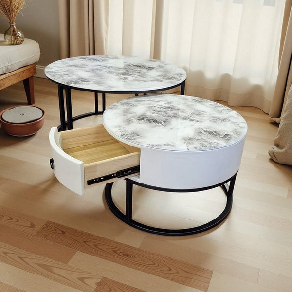 Snowy Mountain Faux Modern Marble Slate Nesting Coffee Table Set Leather Wrapped Wood Drawers Awezingly