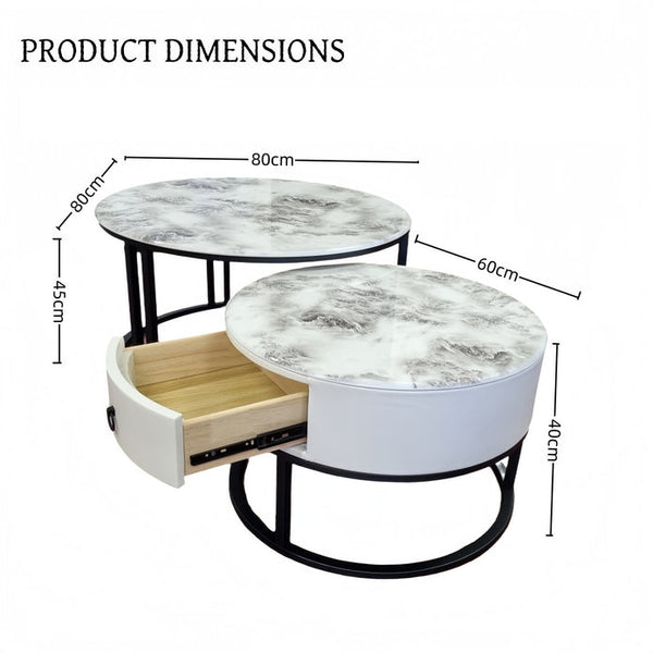 Snowy Mountain Faux Modern Marble Slate Nesting Coffee Table Set Leather Wrapped Wood Drawers Awezingly