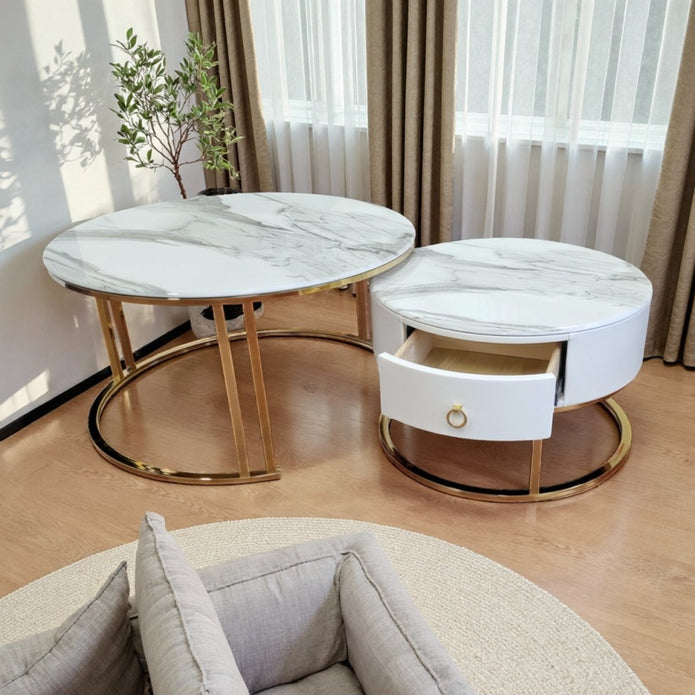 Snowy Mountain Faux Modern Marble Slate Nesting Coffee Table Set Leather Wrapped Wood Drawers Awezingly