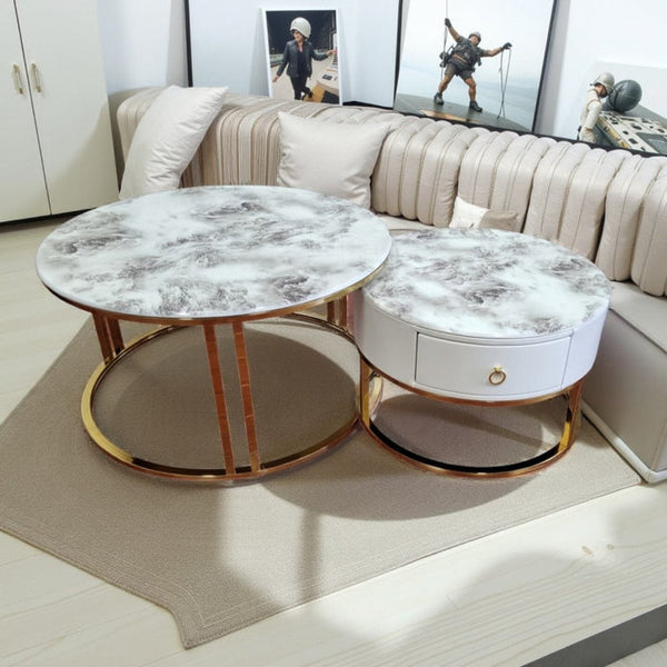 Snowy Mountain Faux Modern Marble Slate Nesting Coffee Table Set Leather Wrapped Wood Drawers Awezingly