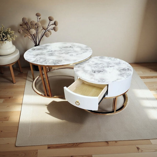 Snowy Mountain Faux Modern Marble Slate Nesting Coffee Table Set Leather Wrapped Wood Drawers Awezingly