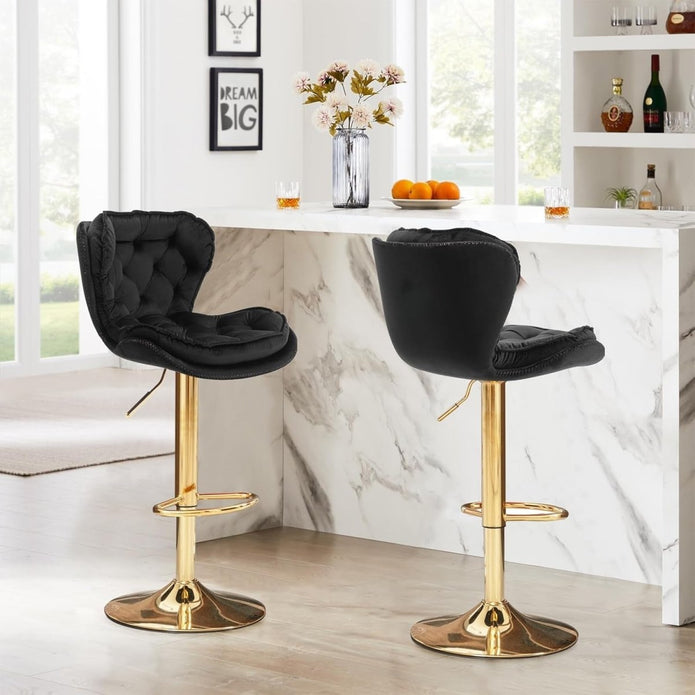 SERENITà Swivel Bar Stools Set of 2 Counter Height Barstools with Back Velvet Upholstered Adjustable Stool Chair Mid Century Modern Bar Stool for Kitchen Island (Black) Awezingly