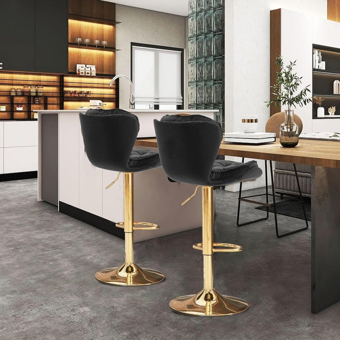 SERENITà Swivel Bar Stools Set of 2 Counter Height Barstools with Back Velvet Upholstered Adjustable Stool Chair Mid Century Modern Bar Stool for Kitchen Island (Black) Awezingly