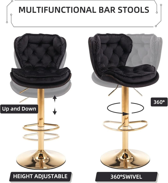 SERENITà Swivel Bar Stools Set of 2 Counter Height Barstools with Back Velvet Upholstered Adjustable Stool Chair Mid Century Modern Bar Stool for Kitchen Island (Black) Awezingly
