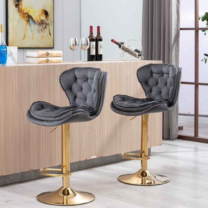 SERENITà Swivel Bar Stools Set of 2 Counter Height Barstools with Back Velvet Upholstered Adjustable Stool Chair Min Century Modern Bar Stool for Kitchen Island (Grey) Awezingly