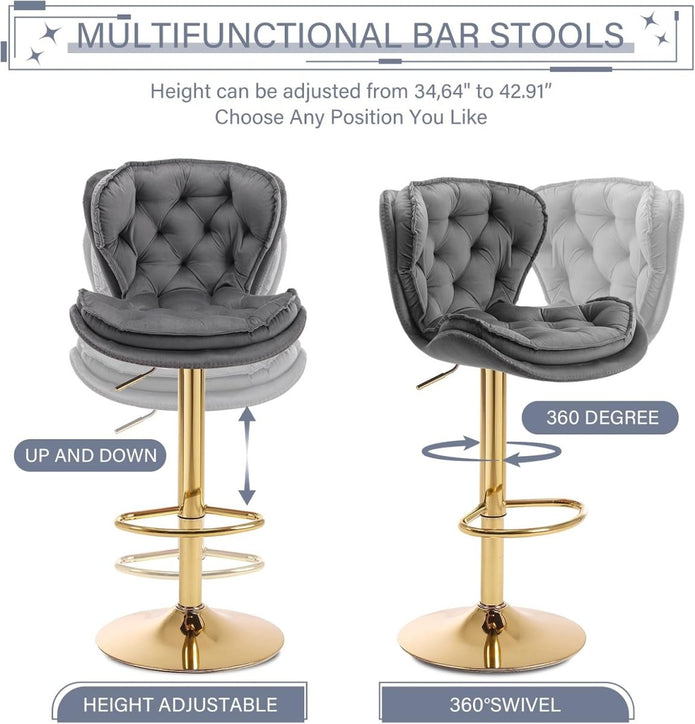 SERENITà Swivel Bar Stools Set of 2 Counter Height Barstools with Back Velvet Upholstered Adjustable Stool Chair Min Century Modern Bar Stool for Kitchen Island (Grey) Awezingly