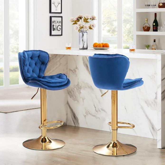 SERENITà Swivel Bar Stools Set of 2 Counter Height Barstools with Back Velvet Upholstered Adjustable Stool Chair Mid Century Modern Bar Stool for Kitchen Island (Navy Blue) Awezingly
