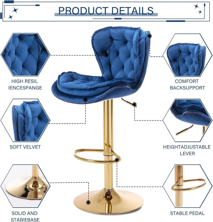 SERENITà Swivel Bar Stools Set of 2 Counter Height Barstools with Back Velvet Upholstered Adjustable Stool Chair Mid Century Modern Bar Stool for Kitchen Island (Navy Blue) Awezingly