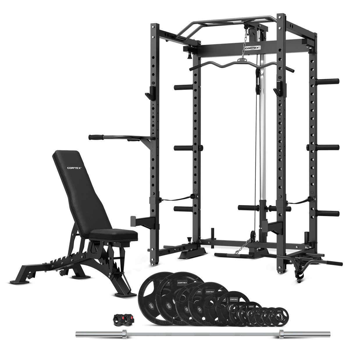CORTEX PR4 Folding Power Rack with 100kg Olympic Tri-Grip Weight, Bar and Bench Set Cortex