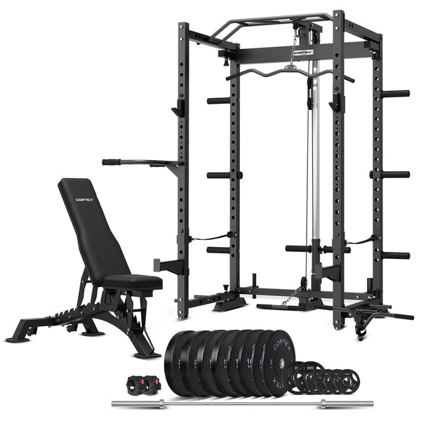 CORTEX PR4 Folding Power Rack with 130kg Olympic Bumper Weight, Bar and Bench Set Cortex