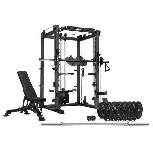 CORTEX SM-20 6-in-1 Power Rack with Smith & Cable Machine + Leg Press Attachment + BN-9 Bench + 130kg Olympic Bumper Weight Plate & Barbell Package Awezingly