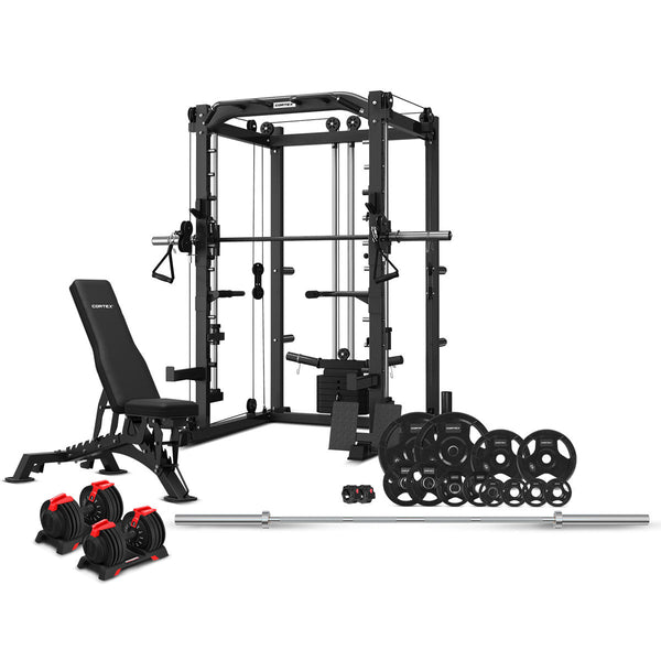 CORTEX SM20 100kg Olympic Tri-Grip Weights, Bar, 48kg Revolock and Bench Set Awezingly
