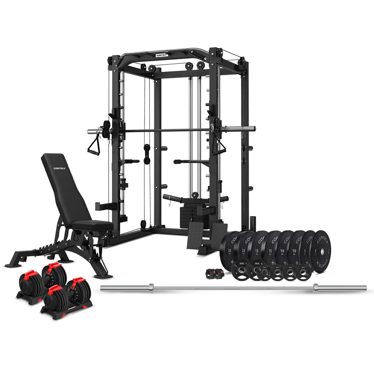 CORTEX SM20 Smith Station with 130kg Olympic Bumper Weight, Bar, 48kg Revolock and Bench Set Awezingly