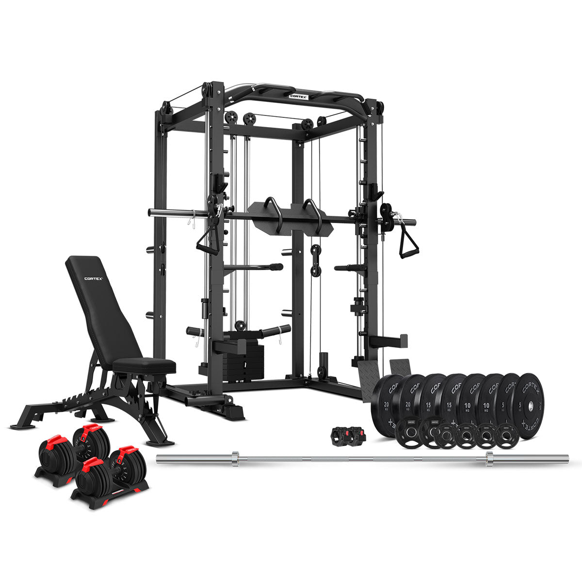 CORTEX SM20 Smith Station Ultimate Set with Olympic Bumper Weights, 48kg Revolock and Bench Set Awezingly