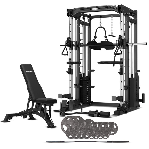 CORTEX SM-25 6-In-1 Power Rack with Smith & Cable Machine + BN-9 Bench + 100kg Standard Tri-Grip Weights Package Awezingly