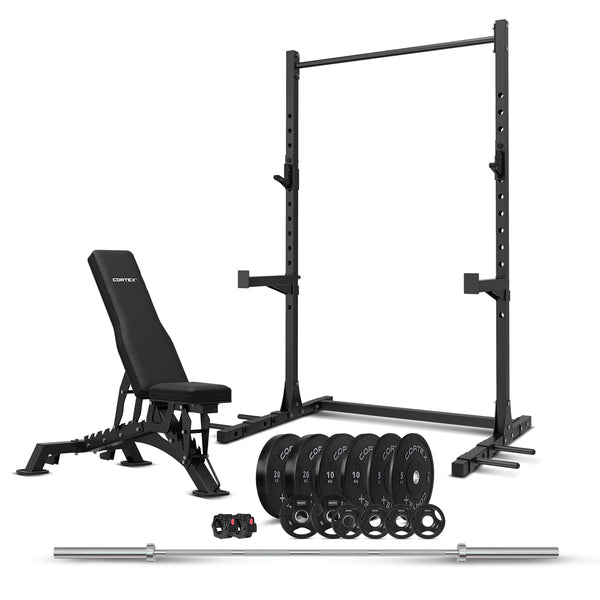 CORTEX SR3 Squat Rack with 100kg Olympic Bumper Weight, Bar and Bench Set Cortex