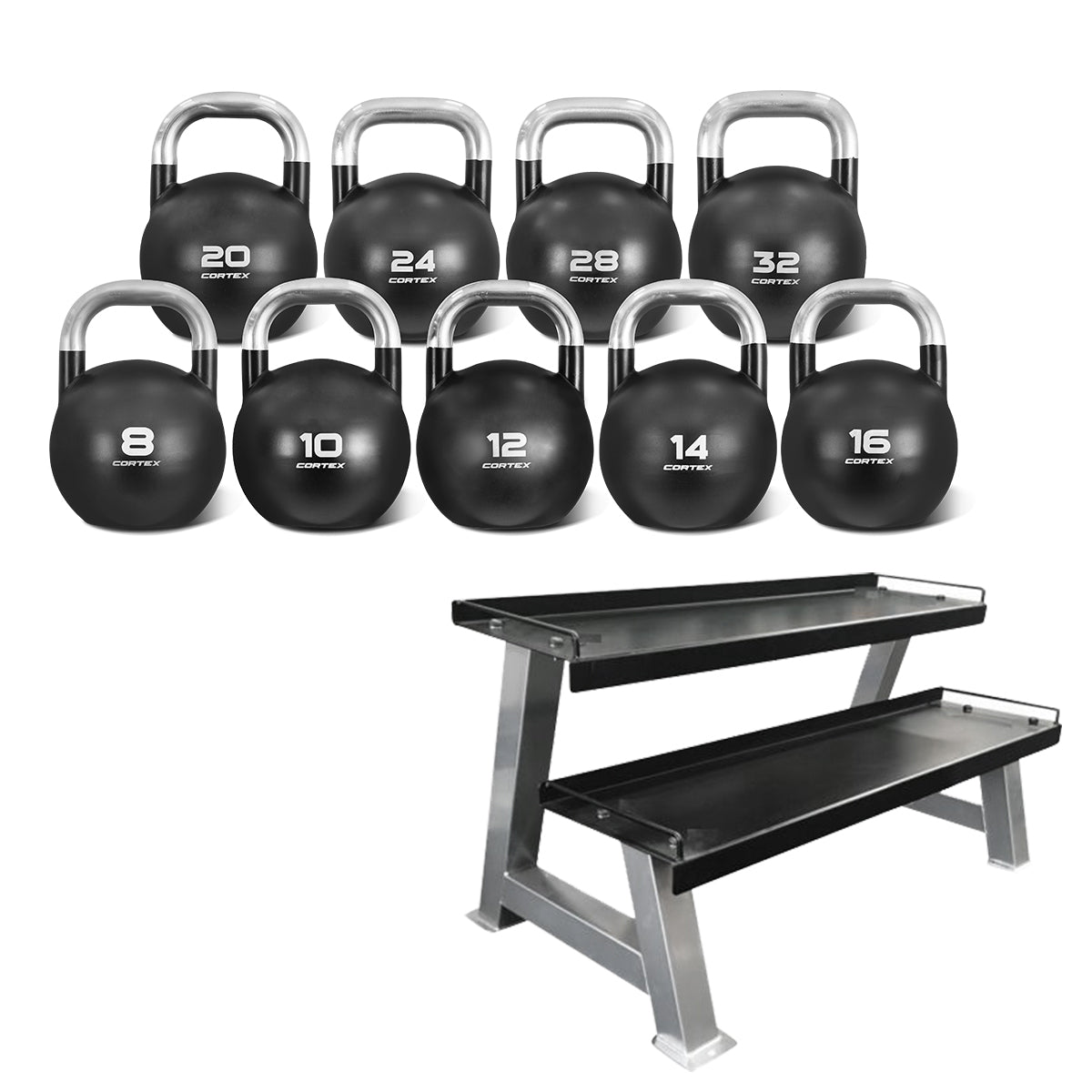 CORTEX 8kg to 32kg Commercial Steel Kettlebell V2 Package with Kettlebell Stand Cortex