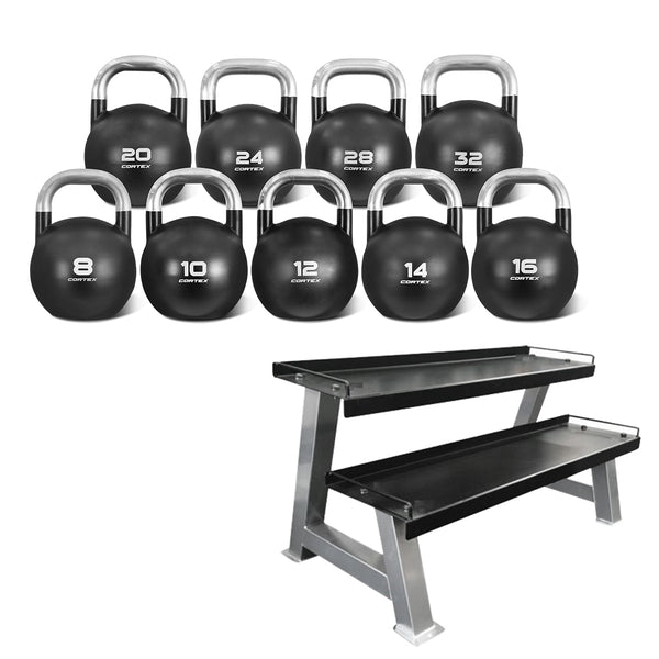 CORTEX 8kg to 32kg Commercial Steel Kettlebell V2 Package with Kettlebell Stand Cortex
