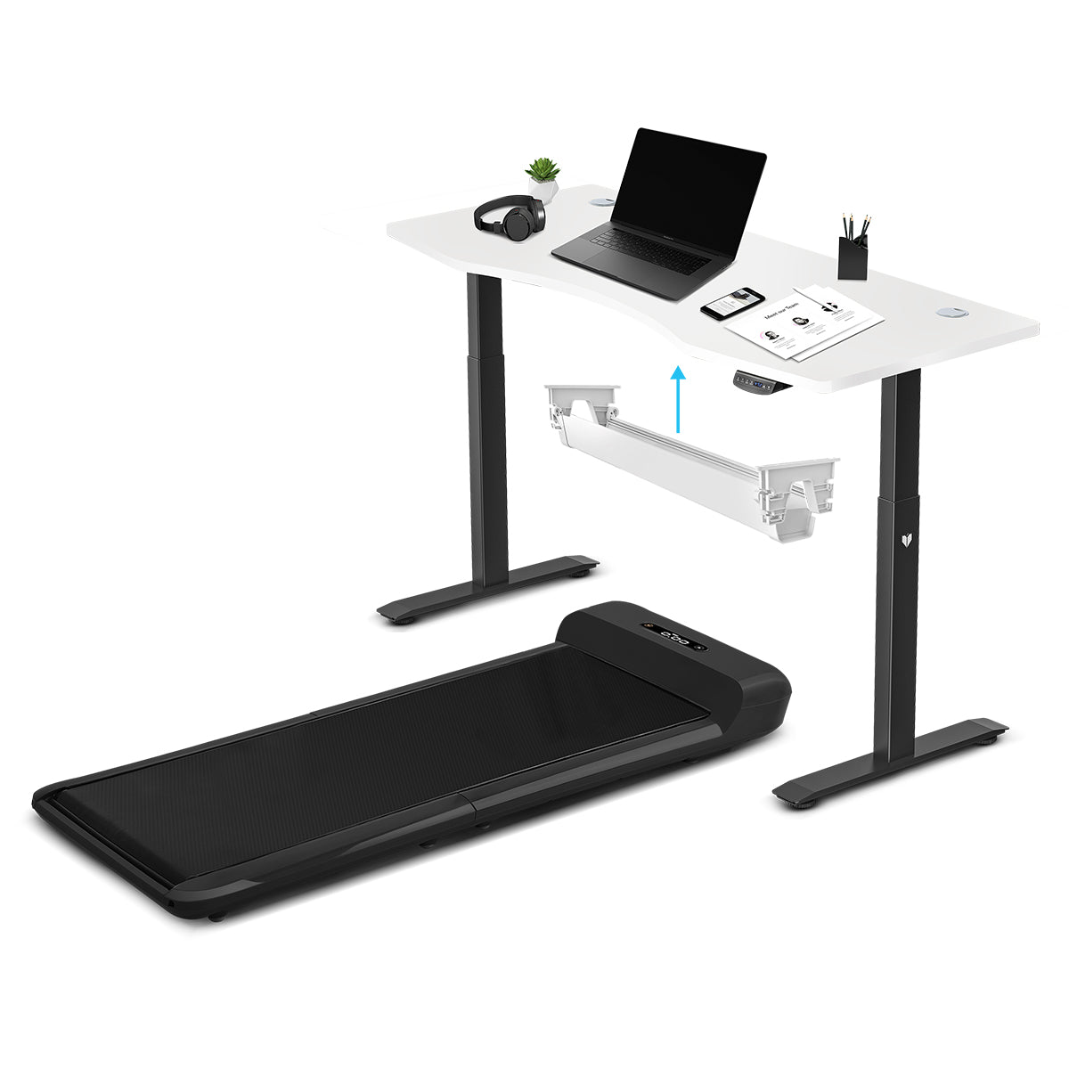 WalkingPad C2 Treadmill + ErgoDesk Automatic Standing Desk 1500mm in White/Black + Cable Management Tray Awezingly