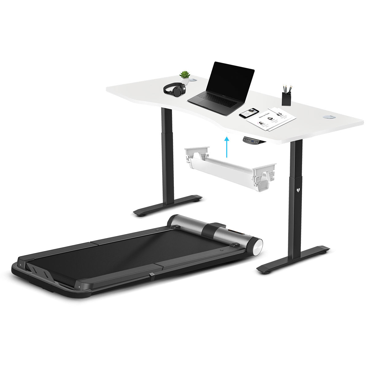WalkingPad MC21 with Dual Motor Automatic Standing Desk 180cm in White/Black and Cable Management Awezingly
