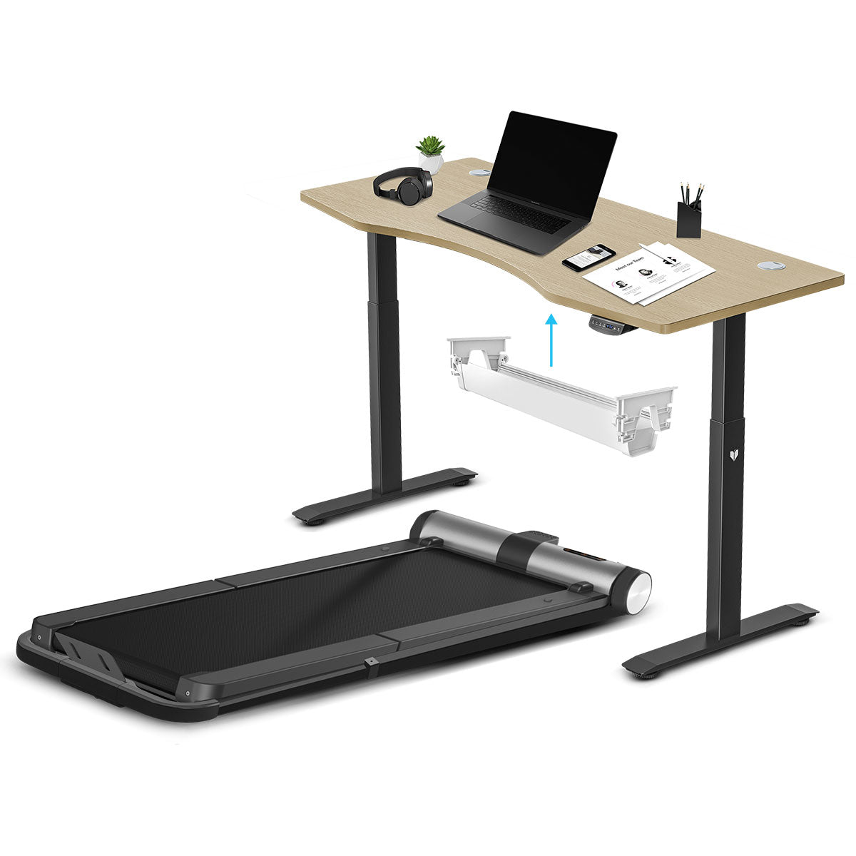 WalkingPad MC21 with Dual Motor Automatic Standing Desk 150cm in Oak and Cable Management Awezingly