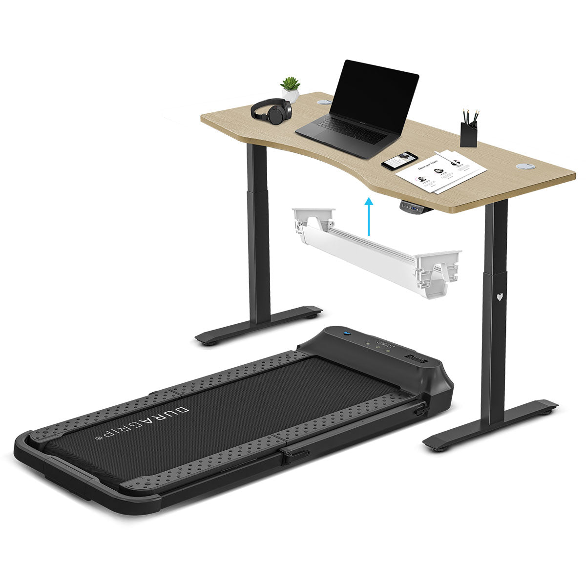 Lifespan Fitness V-FOLD Treadmill with ErgoDesk Automatic Standing Desk 1500mm in Oak/Black with Cable Management Awezingly