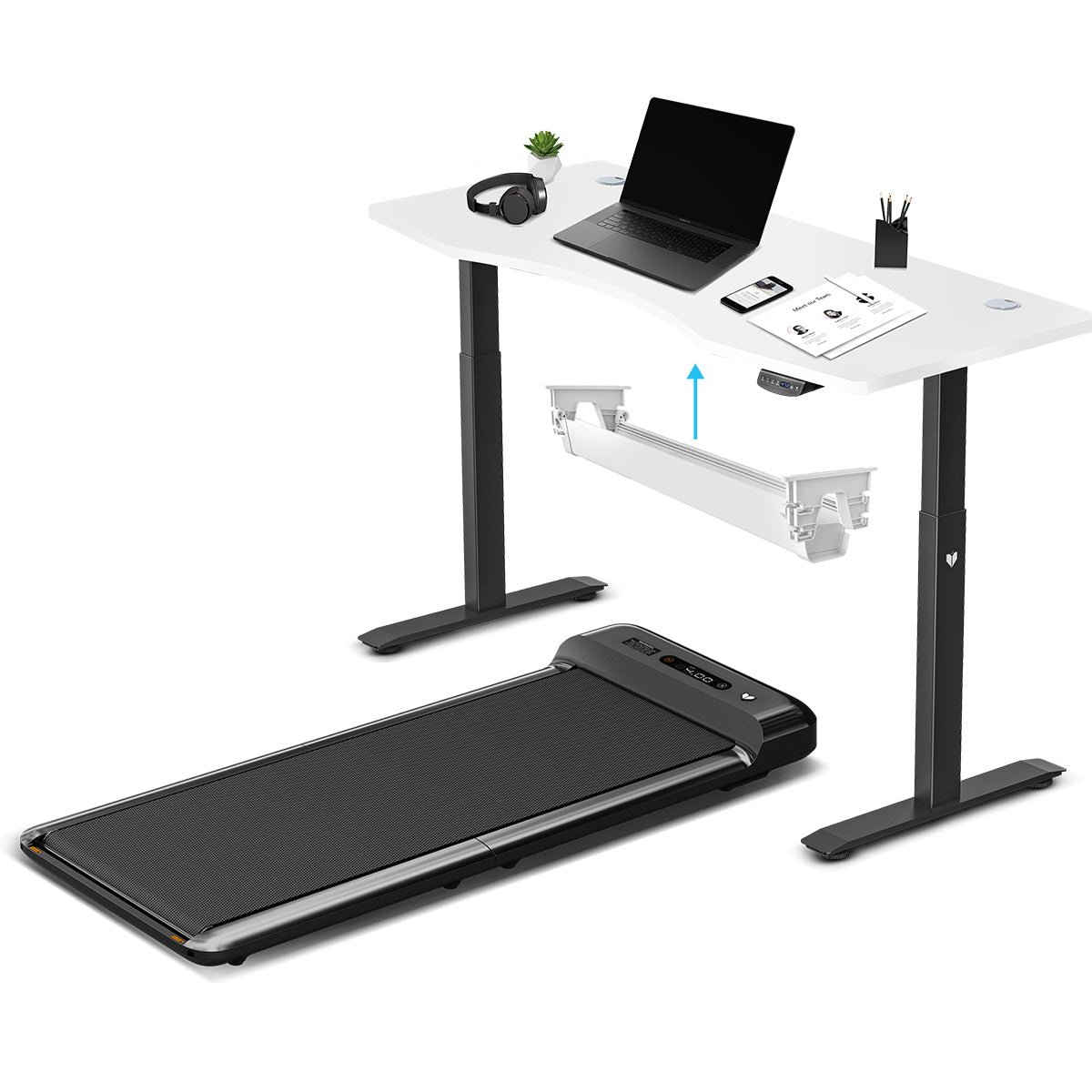 Lifespan Fitness WalkingPad M2 Treadmill with ErgoDesk Automatic White Standing Desk 1500mm + Cable Management Tray Awezingly