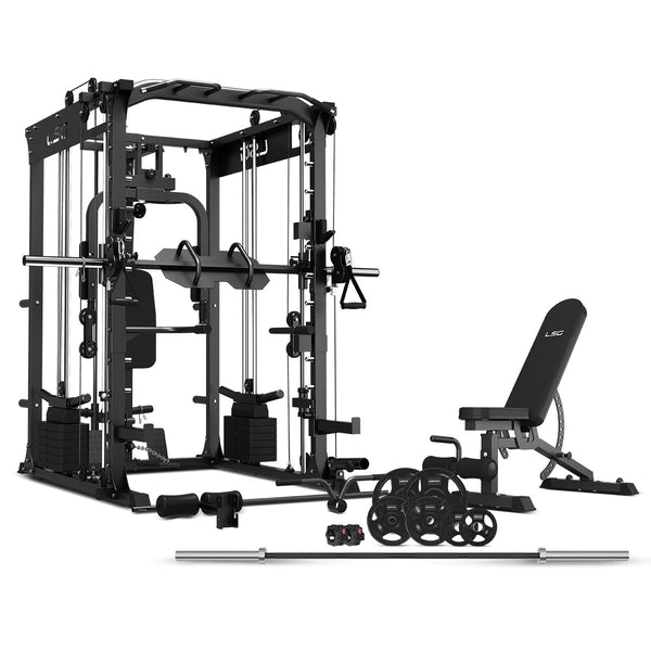 LSG GRK200 with FID Bench, 90kg Olympic Weights - Barbell and Rubber Tri-Grip Plates Awezingly