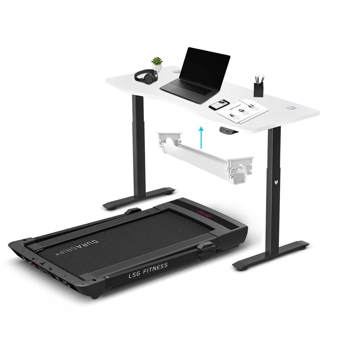 LSG Pacer M5 with Dual Motor Automatic Standing Desk 150cm in White/Black and Cable Management Awezingly