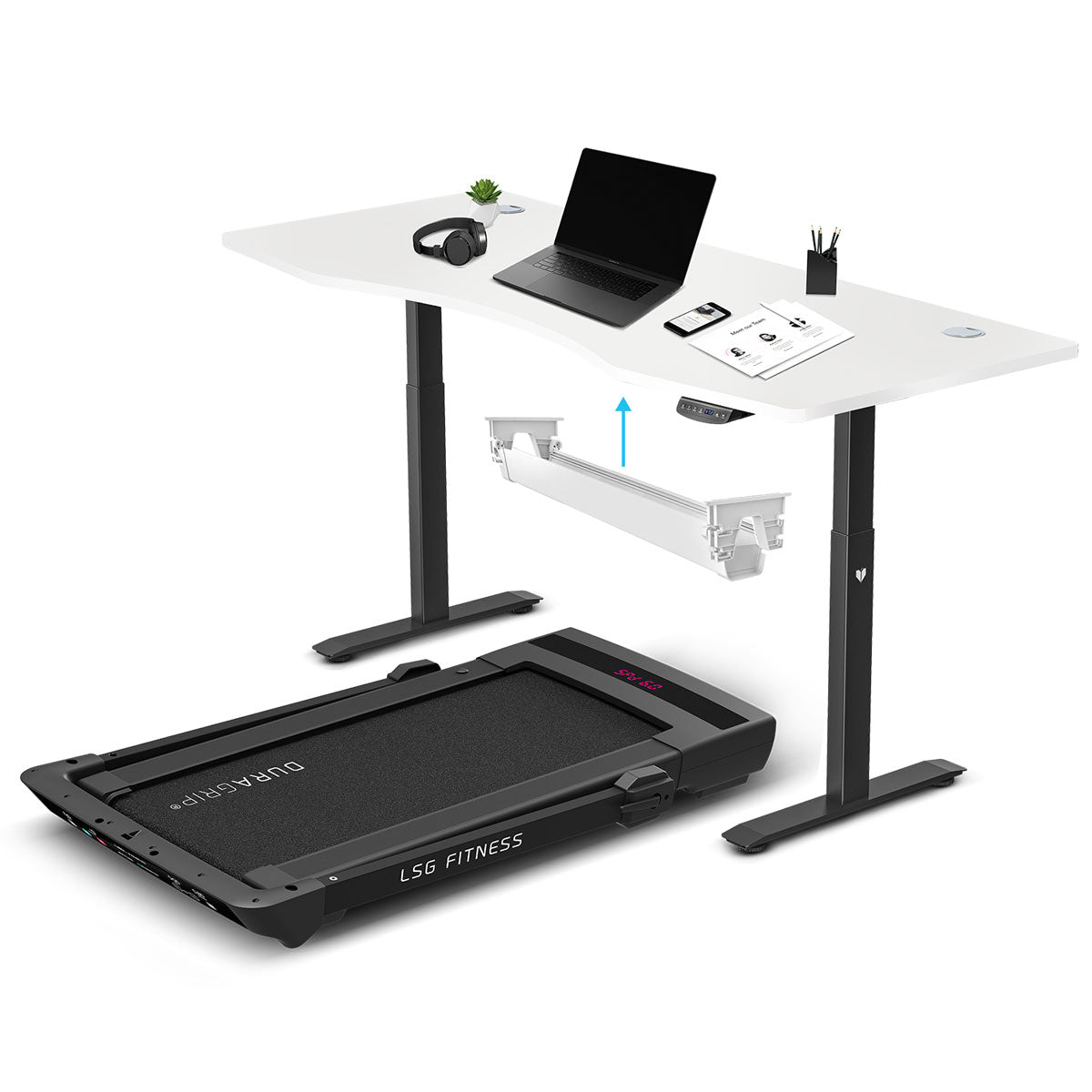 LSG Pacer M5 with Dual Motor Automatic Standing Desk 180cm in White/Black and Cable Management Awezingly
