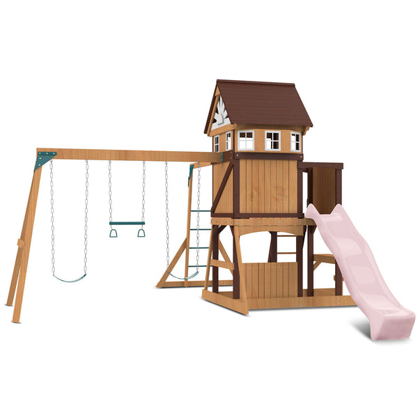 Lifespan Kids Meer Brook Swing Set, Monkey Bars & Play Centre with 2.2m Slide (Pastel Pink) Awezingly