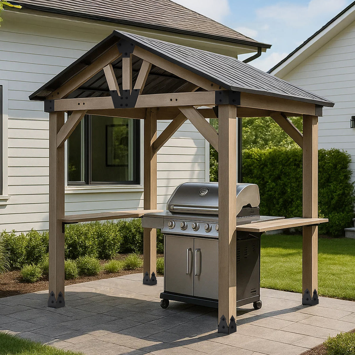 Yardtopia Oslo 2.4m x 1.8m BBQ/Grill Timber & Steel Gable Roof Gazebo Awezingly
